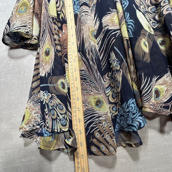 Jaipur Peacock Tunic Top M Semi Sheer Unique Ruffle Collar Boho Artsy Statement - Picture 6 of 8